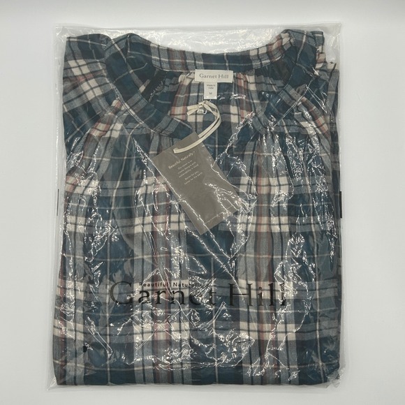 Garnet Hill Teal Gauze Organic-Cotton Plaid Popover Blouse Women Medium NWT - Picture 6 of 11